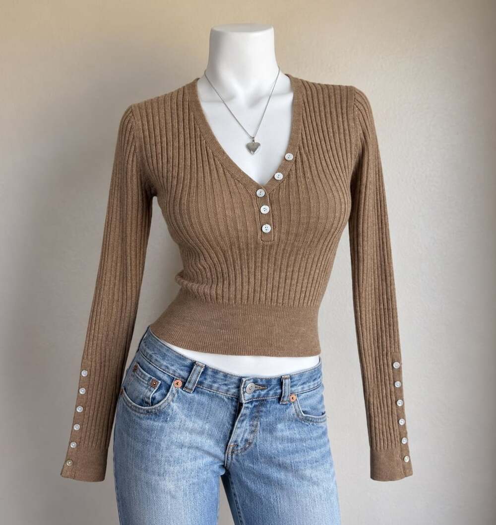 American Rag Cie Tan Brown Ribbed Button Front Long Sleeve Sweater Top Y2K Sz M